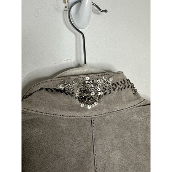 Pamela McCoy 100% Suede Leather Gray Beaded Sequin Zip Jacket Size Large - Picture 10 of 13